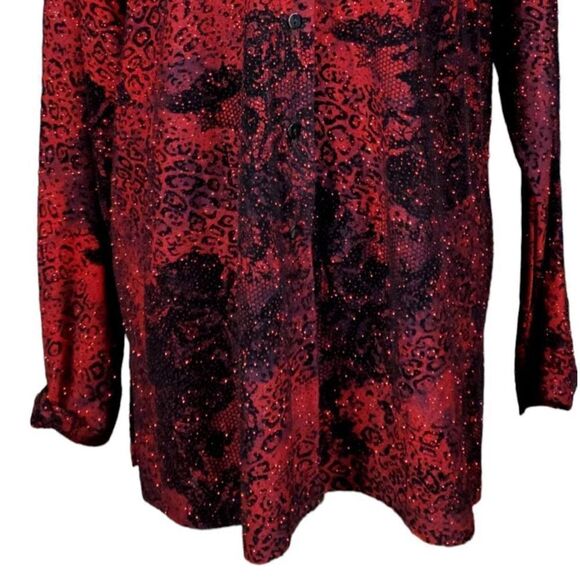 Vintage Chico's Tunic Size XL Red Black Animal Print Long Sleeve Sparkle Artsy - Picture 6 of 9